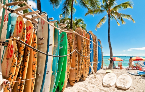 Pláž na Havaji se surfařskými prkny