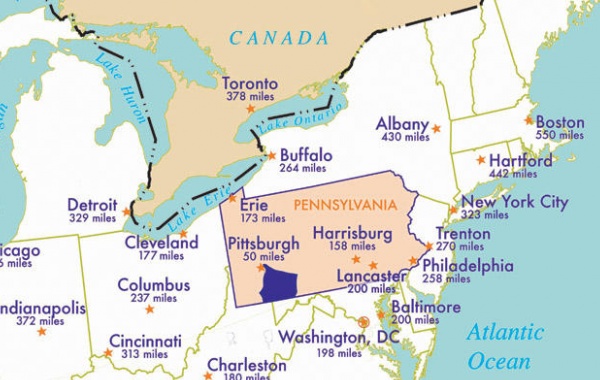 Pittsburgh a Filadelfie - mapa