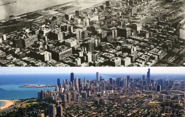 Město Chicago v roce 1920 a dnes v 21. století